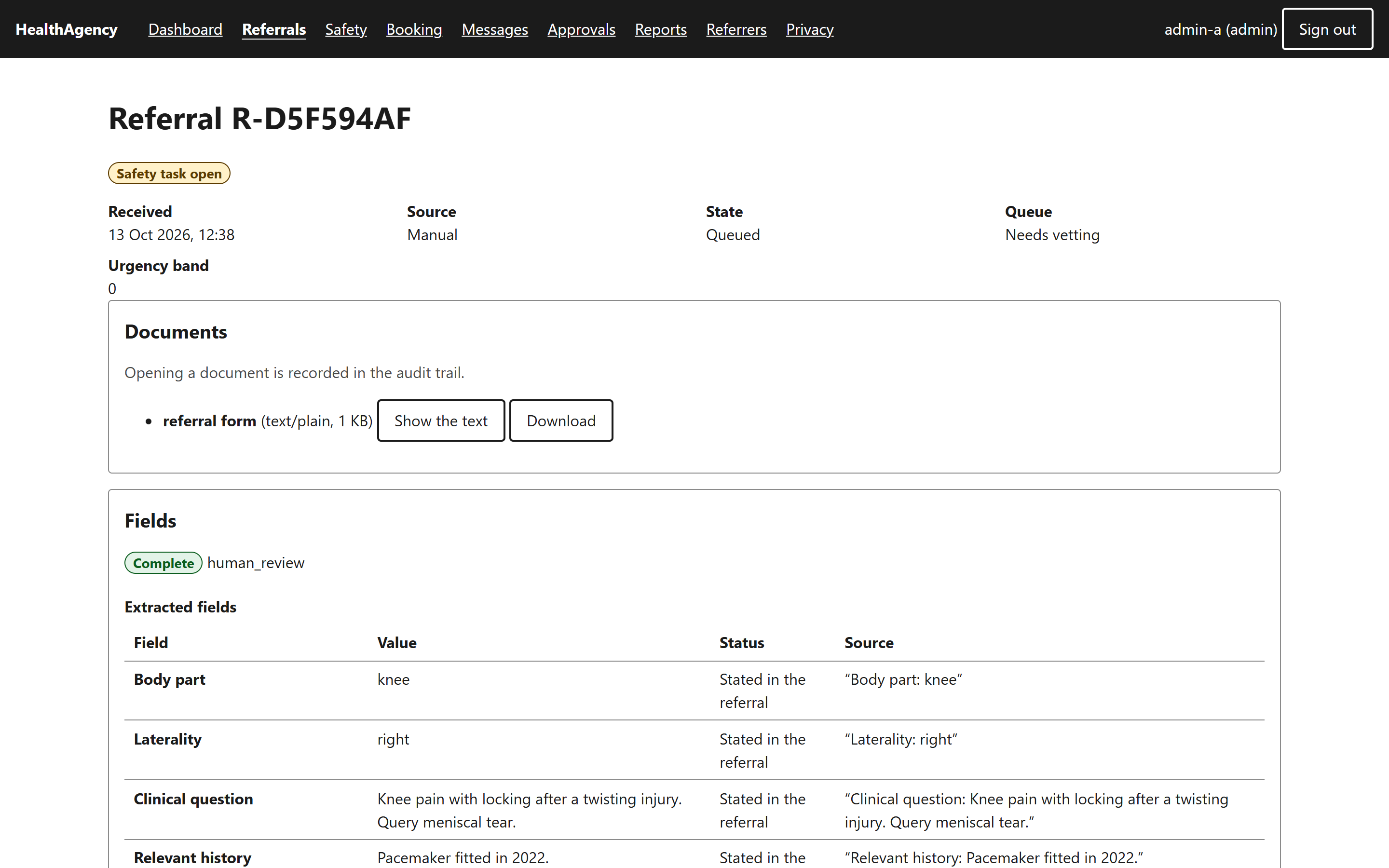 Referral page with an open safety task badge and a table of extracted fields with source quotes