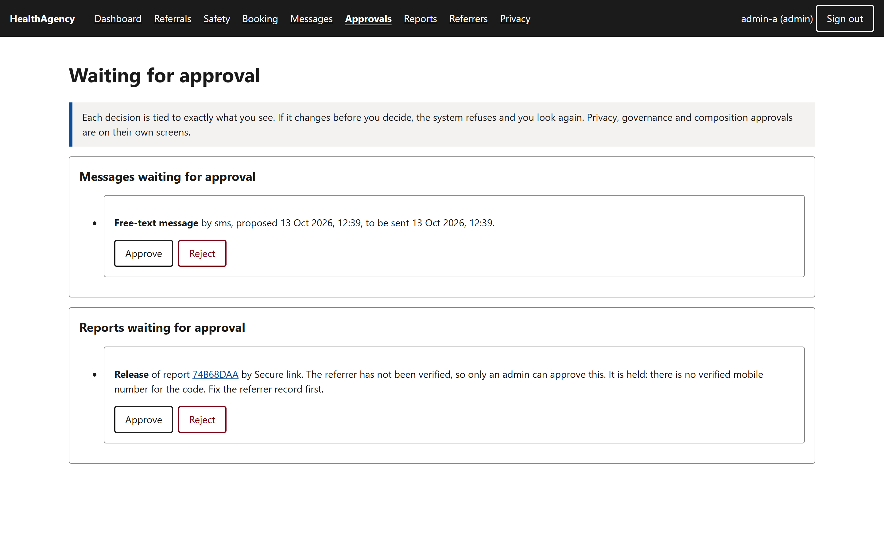 Approvals page with a free-text message and a report release waiting for a decision