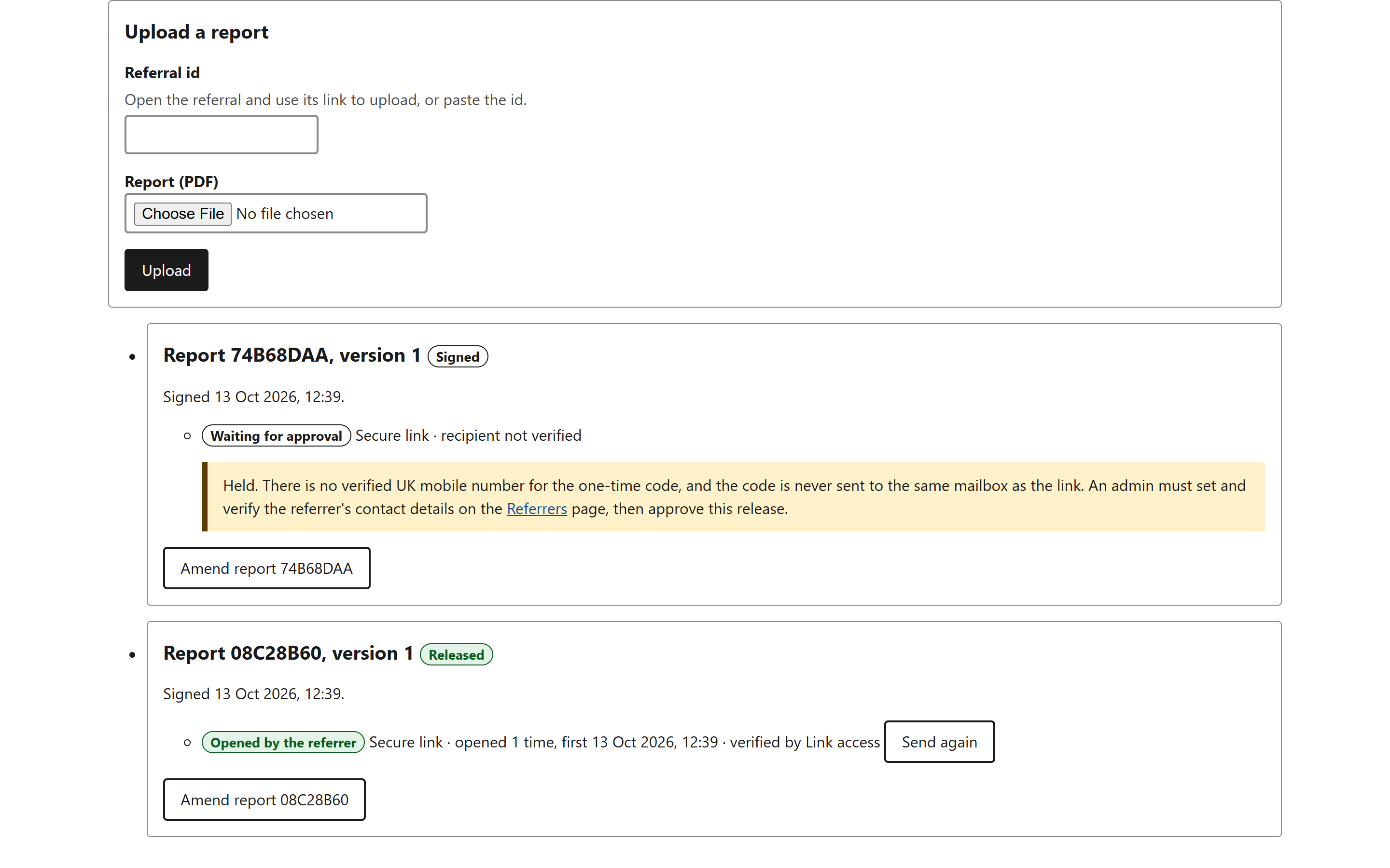 Reports page with one report waiting for approval and one opened by the referrer