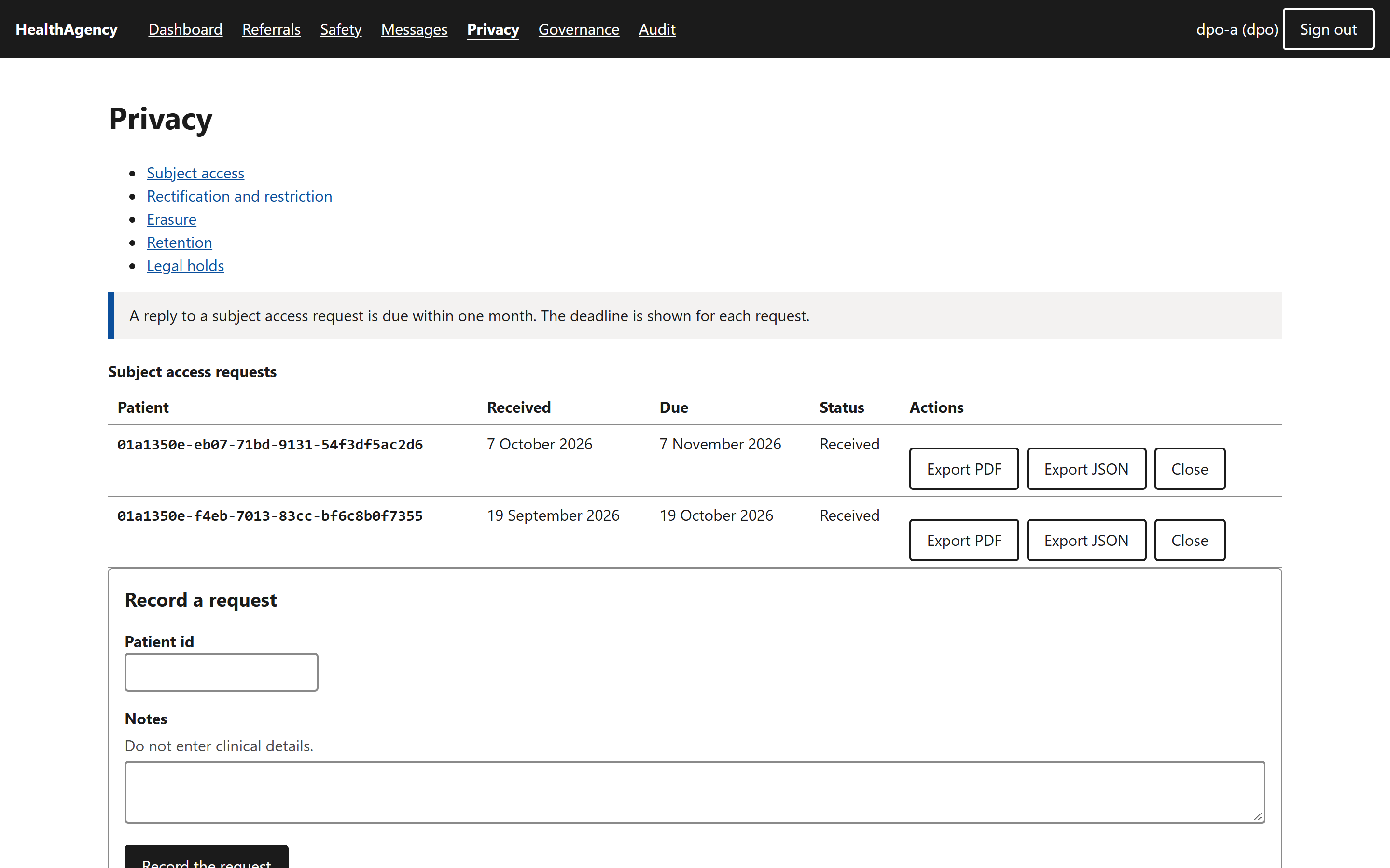 Privacy page with two subject access requests, their due dates and export buttons