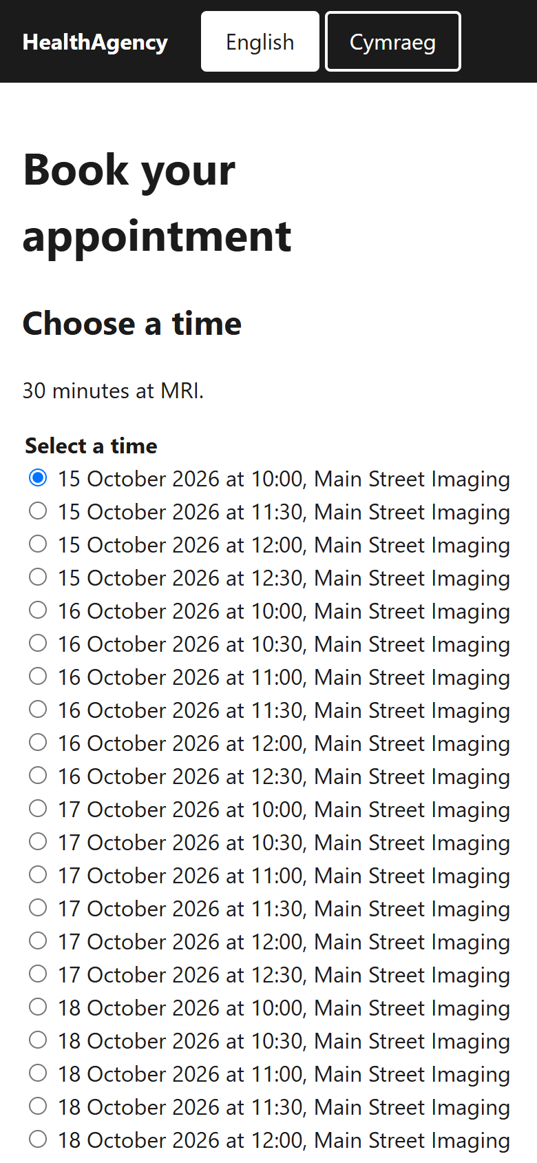Phone-width patient booking page listing available appointment times